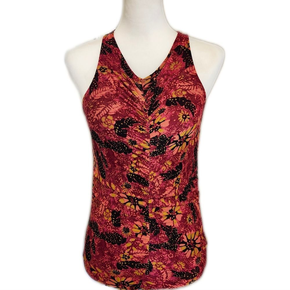 Evereve NWT Novah Floral Mesh Ruched v-neck tank in pink multi XS